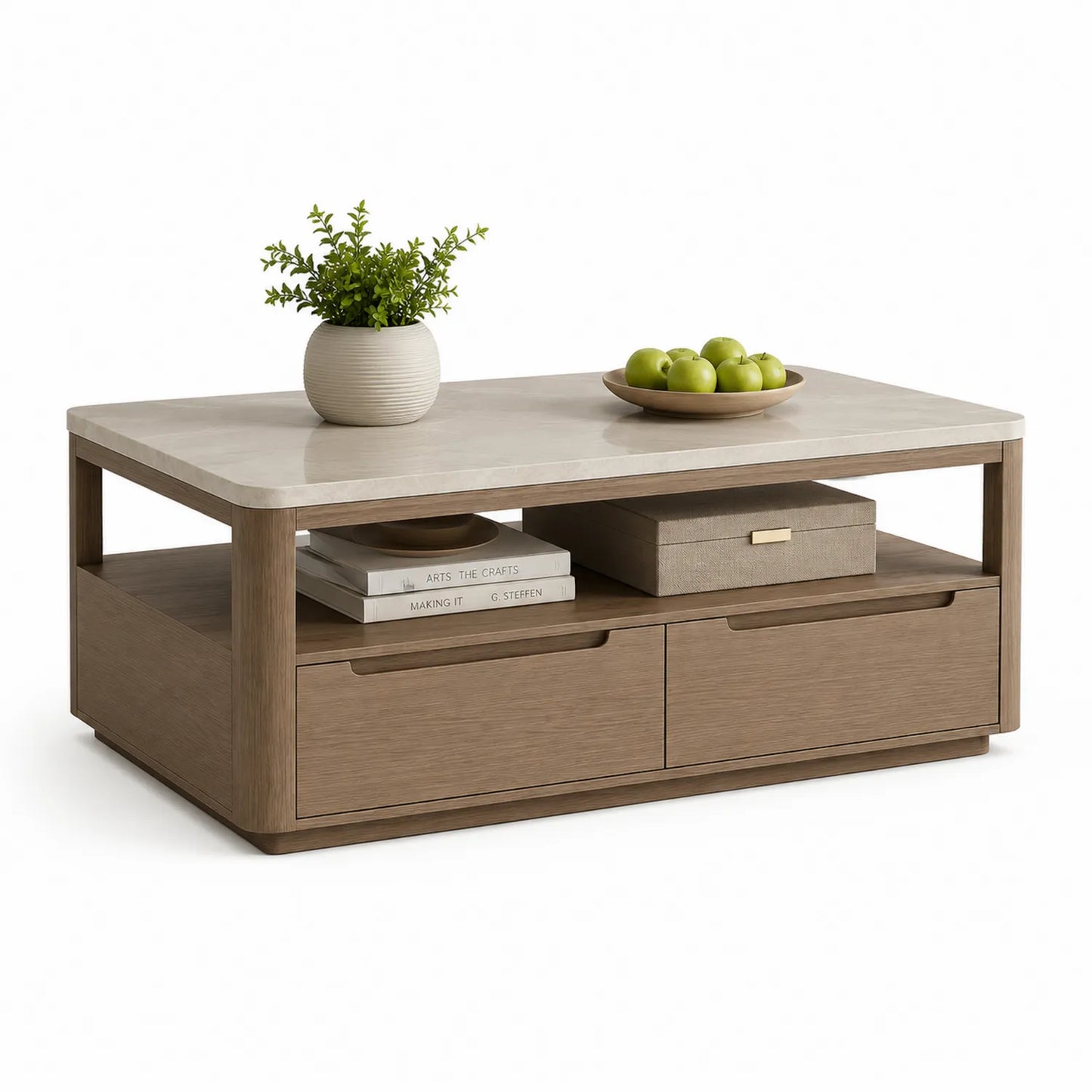 Couchtisch mit Marmorplatte und Eichenholzrahmen 120x60x45 cm Hellbraun Creme