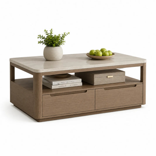 Couchtisch mit Marmorplatte und Eichenholzrahmen 120x60x45 cm Hellbraun Creme