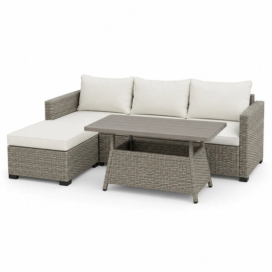 Rattan Gartensofa Set mit Tisch Aluminium Beige Grau