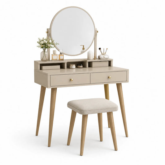 Holz Schminktisch mit rundem Spiegel und Hocker Set Beige