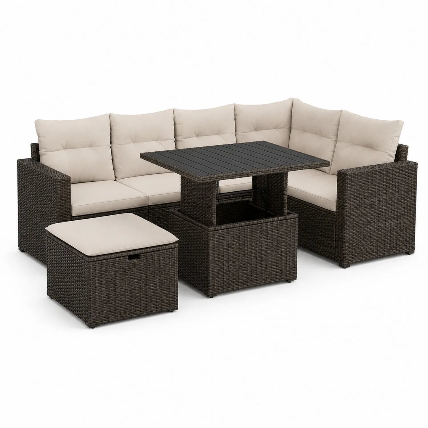 L-förmiges Gartenset aus Polyethylen Rattan mit Tisch und Sitzkissen, Braun/Beige