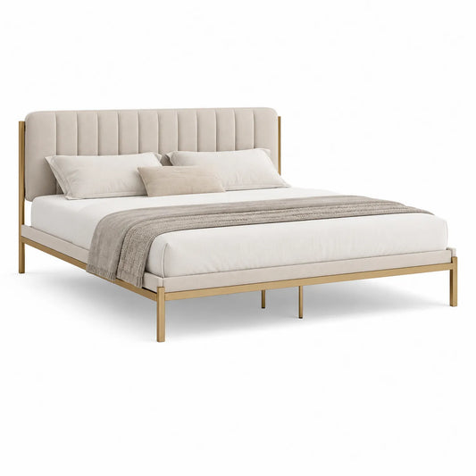 Bett aus Stoff mit Kopfteil Beige 200x160 cm