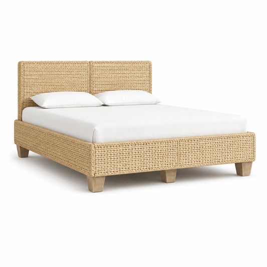 Rattanbett mit Matratze und Kissen, Naturrattan und Holz, Beige