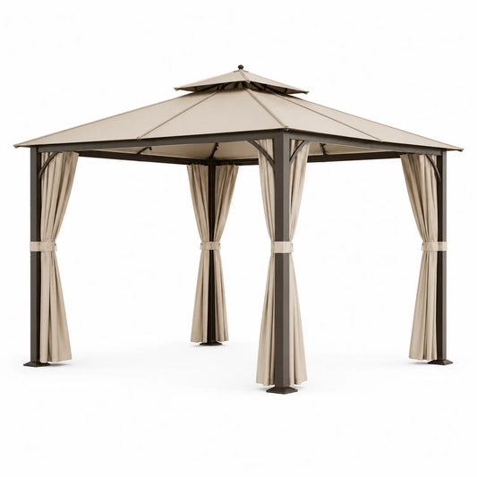 Metallpavillon mit Polyester-Dach und Vorhängen Beige 300x400 cm