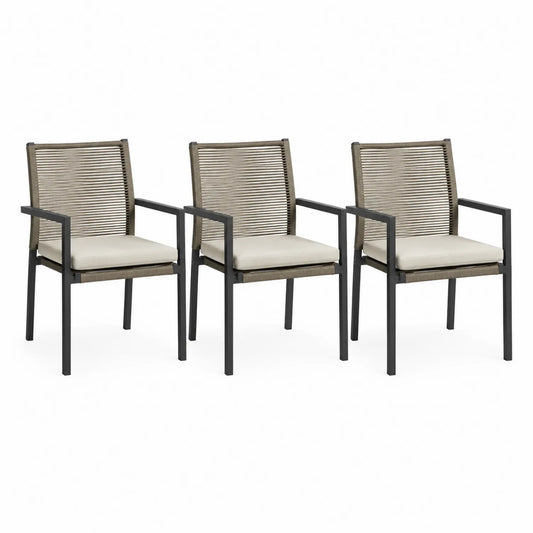 3er-Set Gartenstühle mit Aluminiumrahmen und Polyrattan Geflecht Beige Sitzpolster