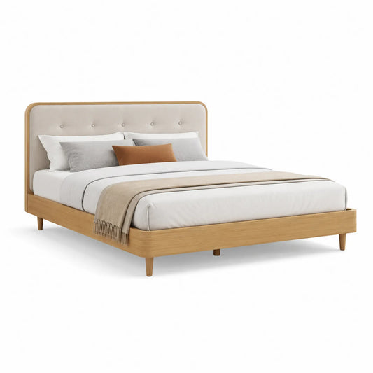 Doppelbett Holzgestell 200x160 cm Eiche Stoffkopfteil Beige