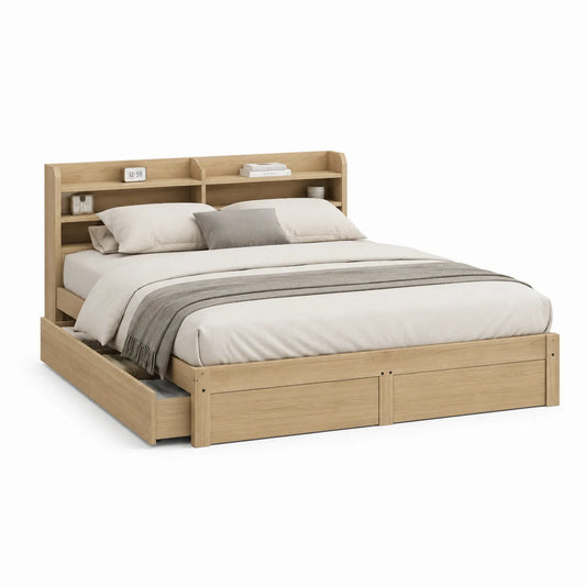 Holzbett mit Stauraum und Regal 200x160 cm Natur